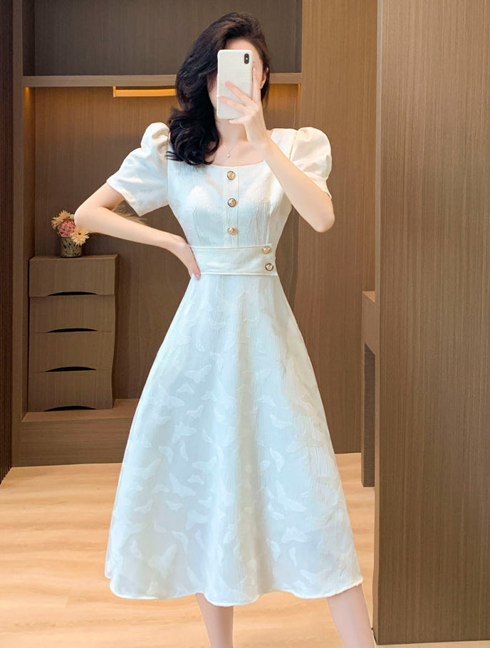Retro Button-Accent Puff Sleeve Flare Dress