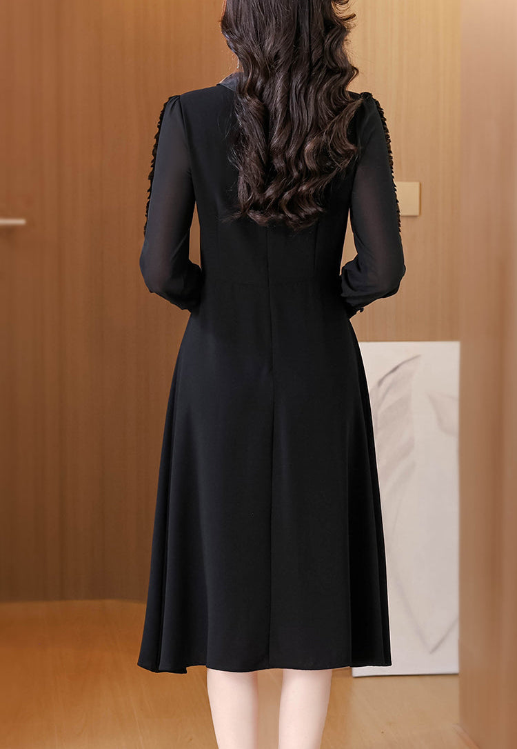 Black A-Line Dress With Ruffled Placker