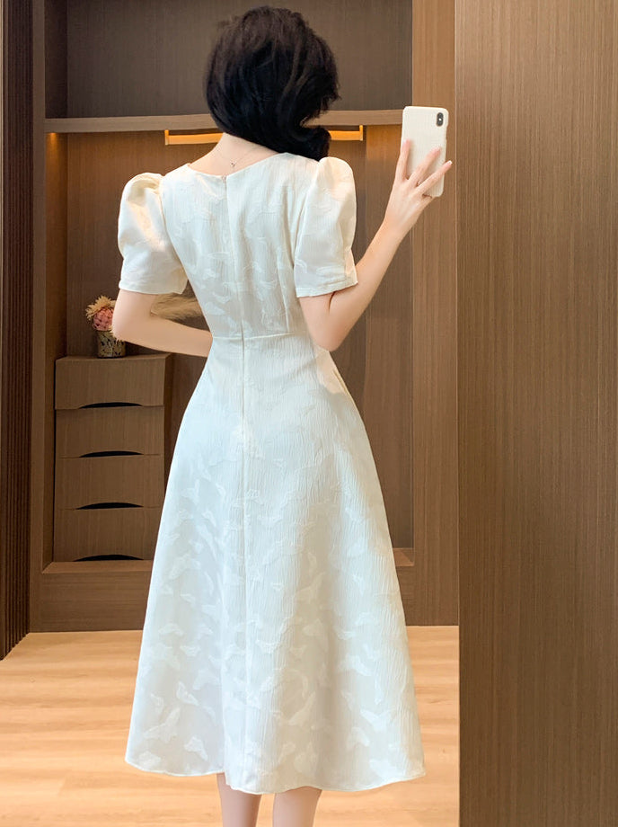 Retro Button-Accent Puff Sleeve Flare Dress