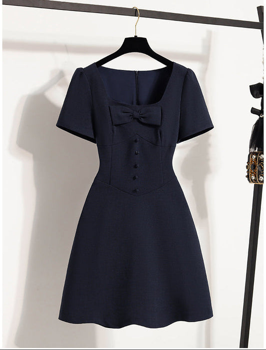 French Vintage Square Neck Bow- Knot Mini Dress