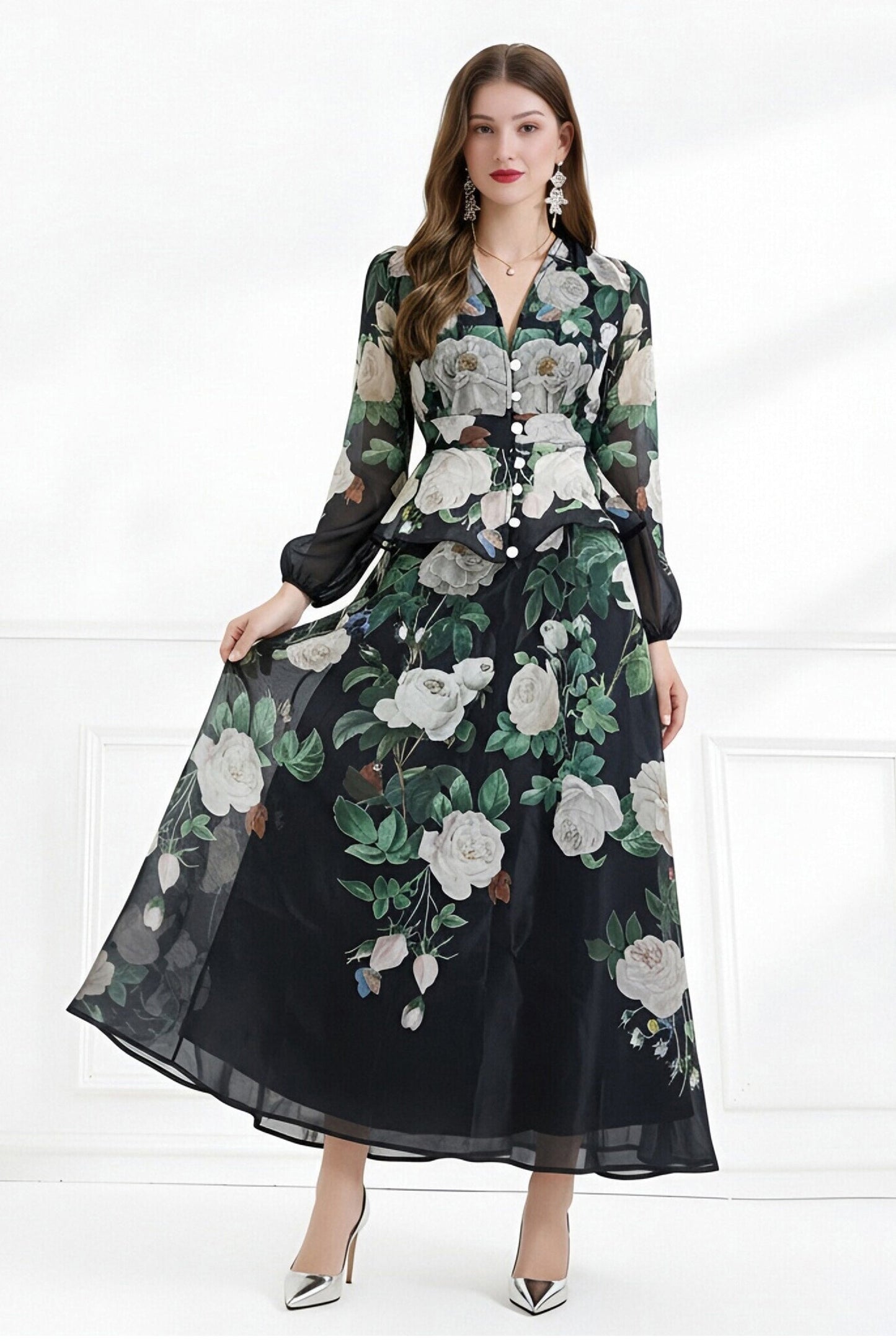 Rosalind Dark floral Chiffon Maxi With Peplum Waist