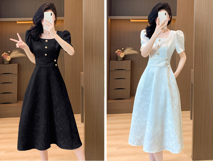 Retro Button-Accent Puff Sleeve Flare Dress