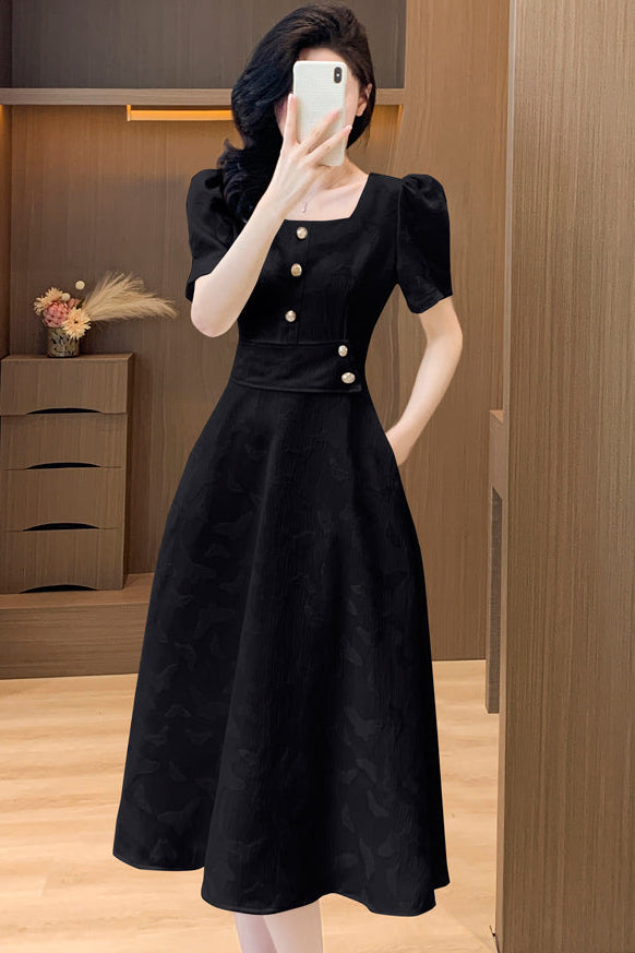 Retro Button-Accent Puff Sleeve Flare Dress
