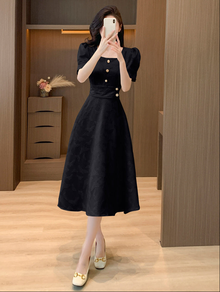 Retro Button-Accent Puff Sleeve Flare Dress