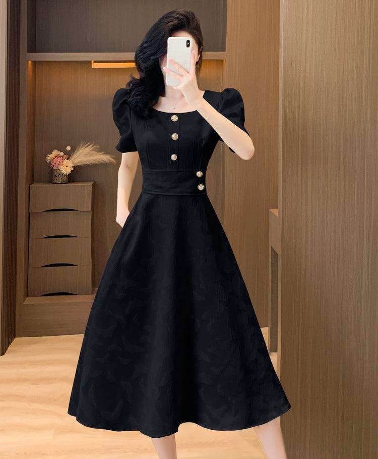 Retro Button-Accent Puff Sleeve Flare Dress