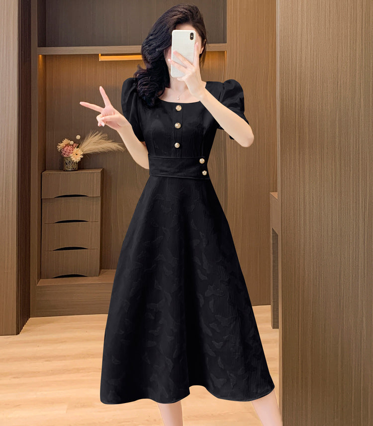 Retro Button-Accent Puff Sleeve Flare Dress