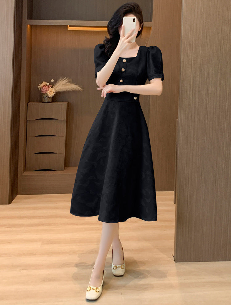 Retro Button-Accent Puff Sleeve Flare Dress