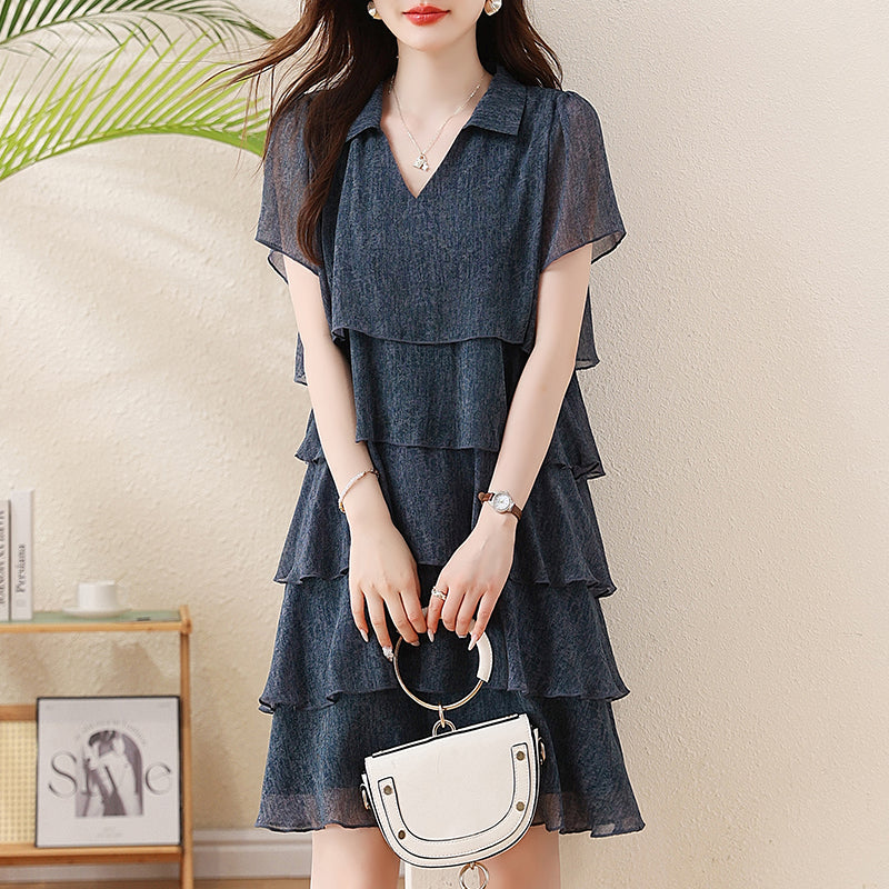 Plus Size Dusky Blue Tiered Flounce Short Sleeve Dress