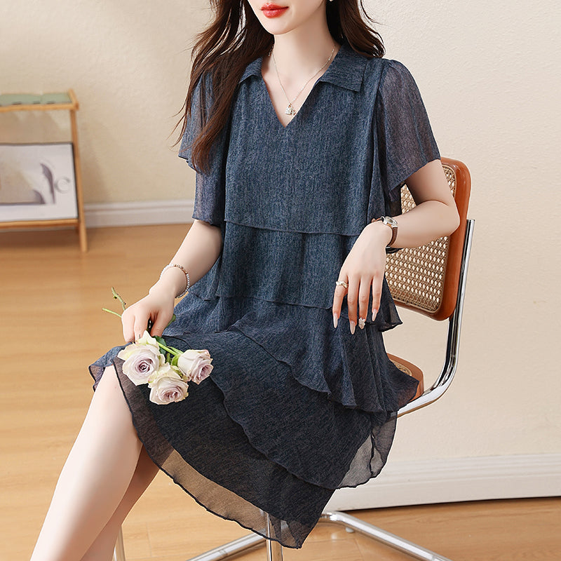 Plus Size Dusky Blue Tiered Flounce Short Sleeve Dress