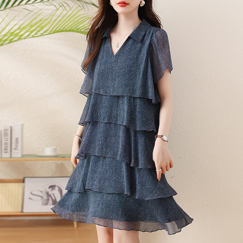 Plus Size Dusky Blue Tiered Flounce Short Sleeve Dress