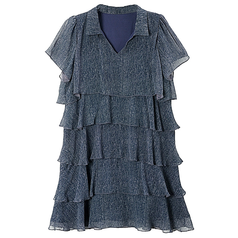 Plus Size Dusky Blue Tiered Flounce Short Sleeve Dress