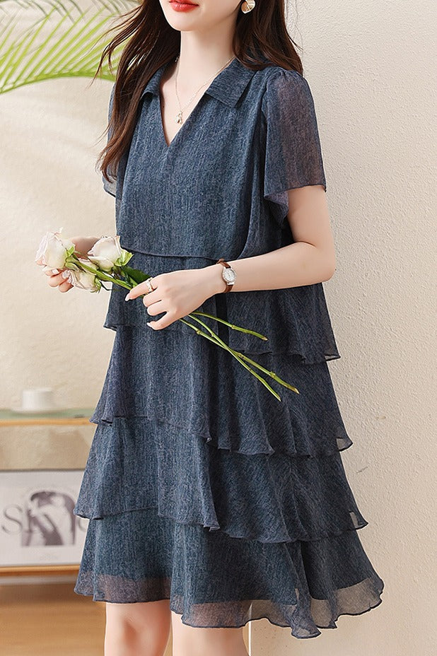 Plus Size Dusky Blue Tiered Flounce Short Sleeve Dress