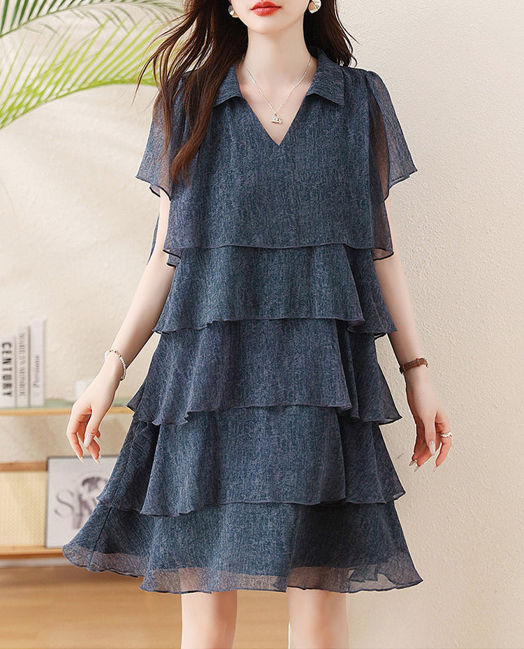 Plus Size Dusky Blue Tiered Flounce Short Sleeve Dress