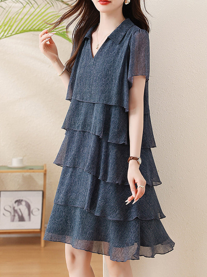 Plus Size Dusky Blue Tiered Flounce Short Sleeve Dress