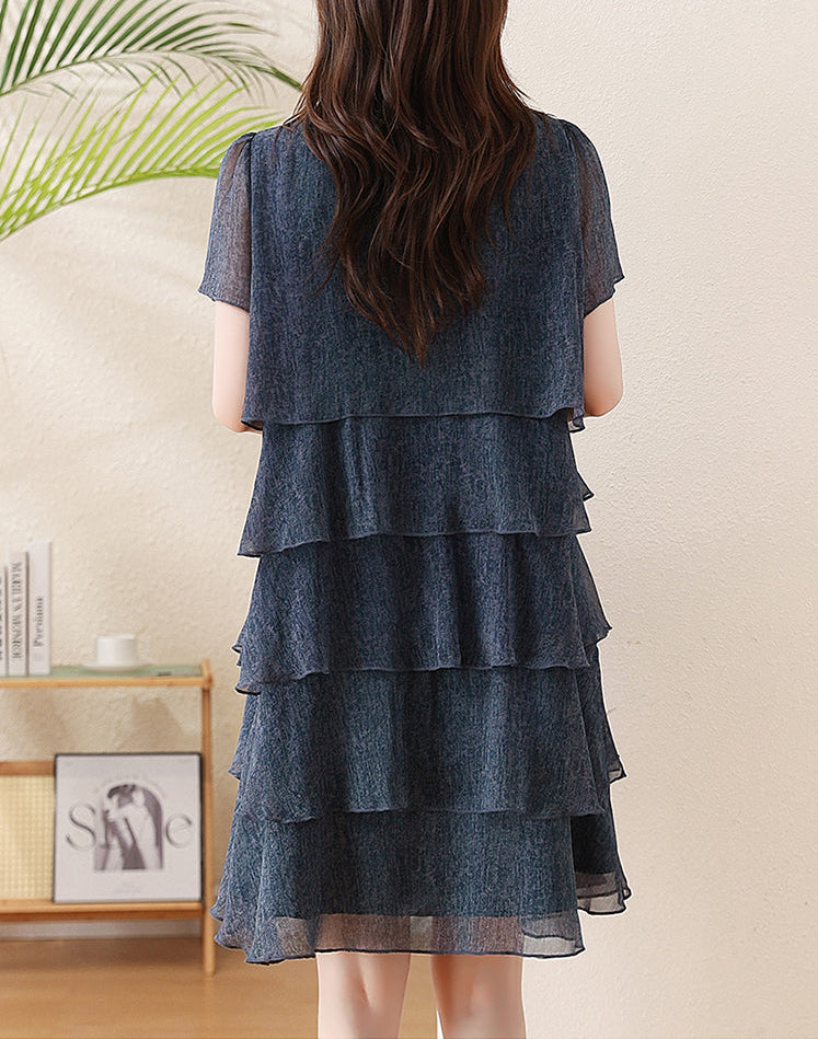 Plus Size Dusky Blue Tiered Flounce Short Sleeve Dress