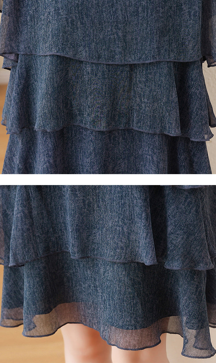 Plus Size Dusky Blue Tiered Flounce Short Sleeve Dress