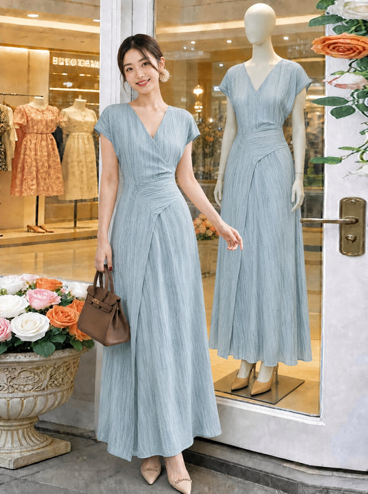 Dusty Blue V-Neck Maxi Dress with Overlap Waist & Cap Sleeves