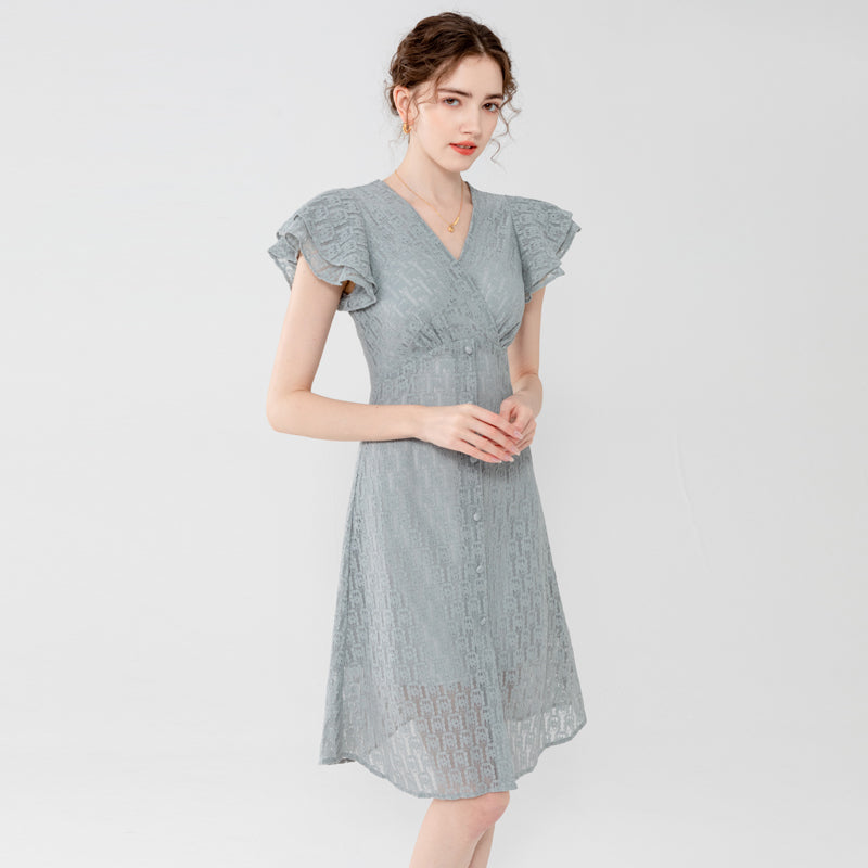 Dusty Gray Flutter Sleeve V-Neck Lace Midi Dress