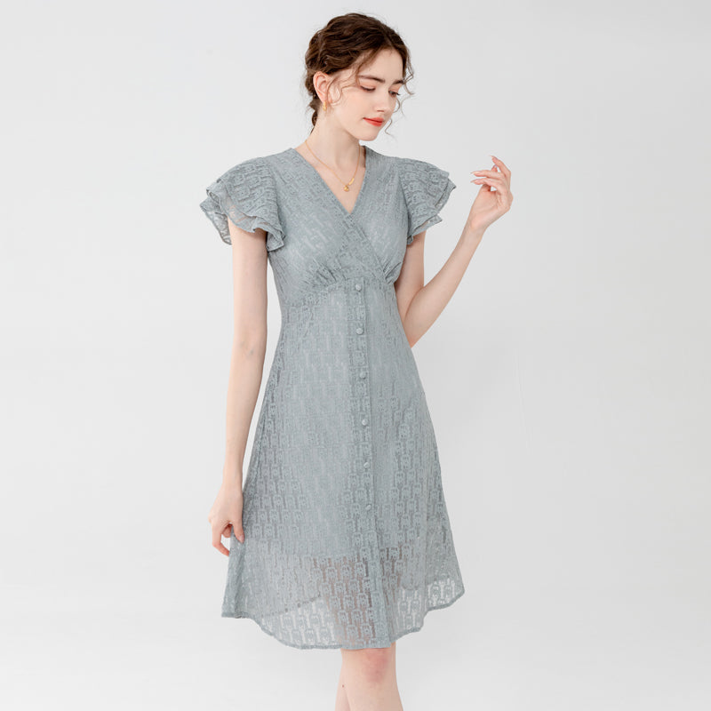 Dusty Gray Flutter Sleeve V-Neck Lace Midi Dress