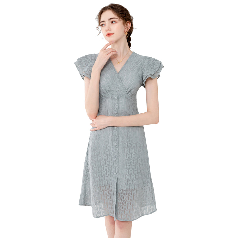 Dusty Gray Flutter Sleeve V-Neck Lace Midi Dress