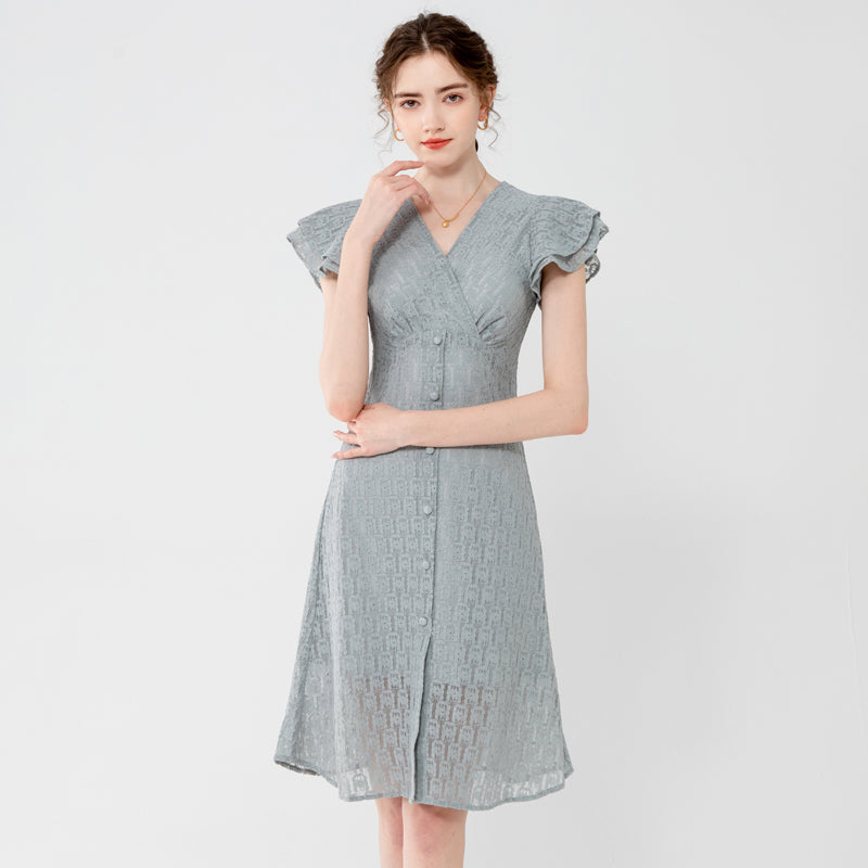 Dusty Gray Flutter Sleeve V-Neck Lace Midi Dress