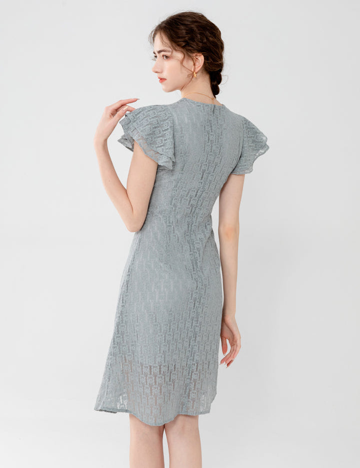 Dusty Gray Flutter Sleeve V-Neck Lace Midi Dress