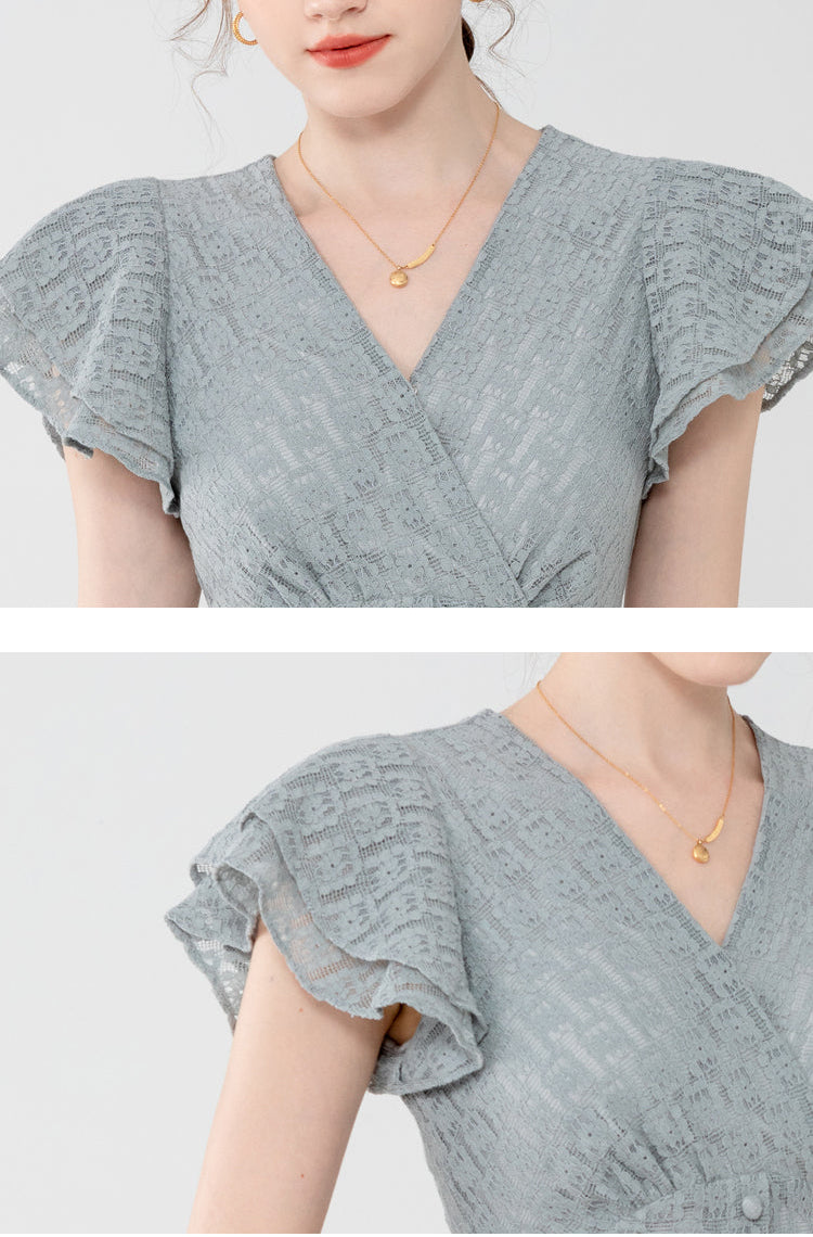 Dusty Gray Flutter Sleeve V-Neck Lace Midi Dress
