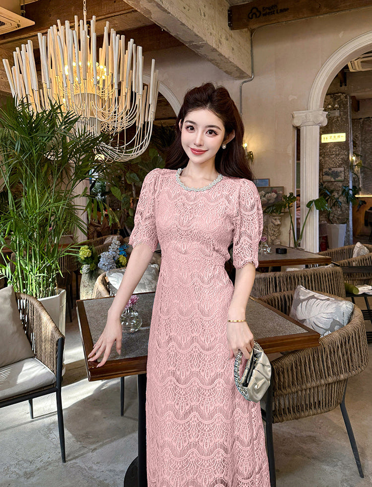 Aurora Vintage Floral Lace Midi Dress With Scalloped Hem