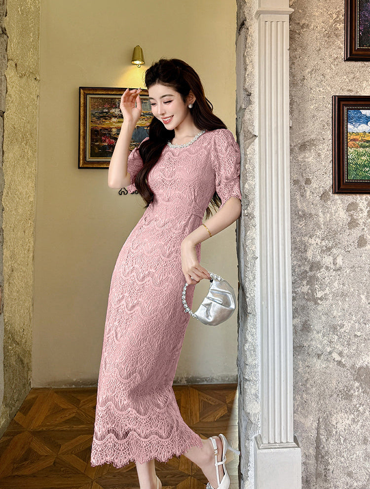Aurora Vintage Floral Lace Midi Dress With Scalloped Hem