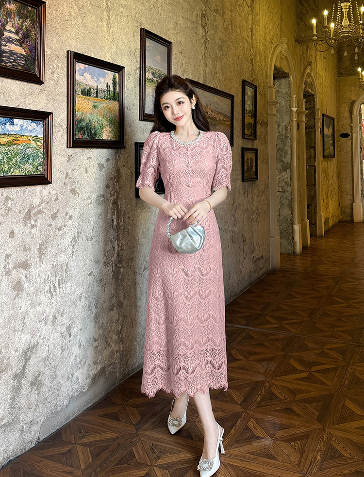 Aurora Vintage Floral Lace Midi Dress With Scalloped Hem