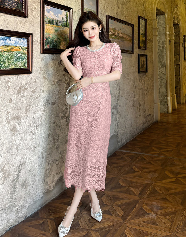 Aurora Vintage Floral Lace Midi Dress With Scalloped Hem