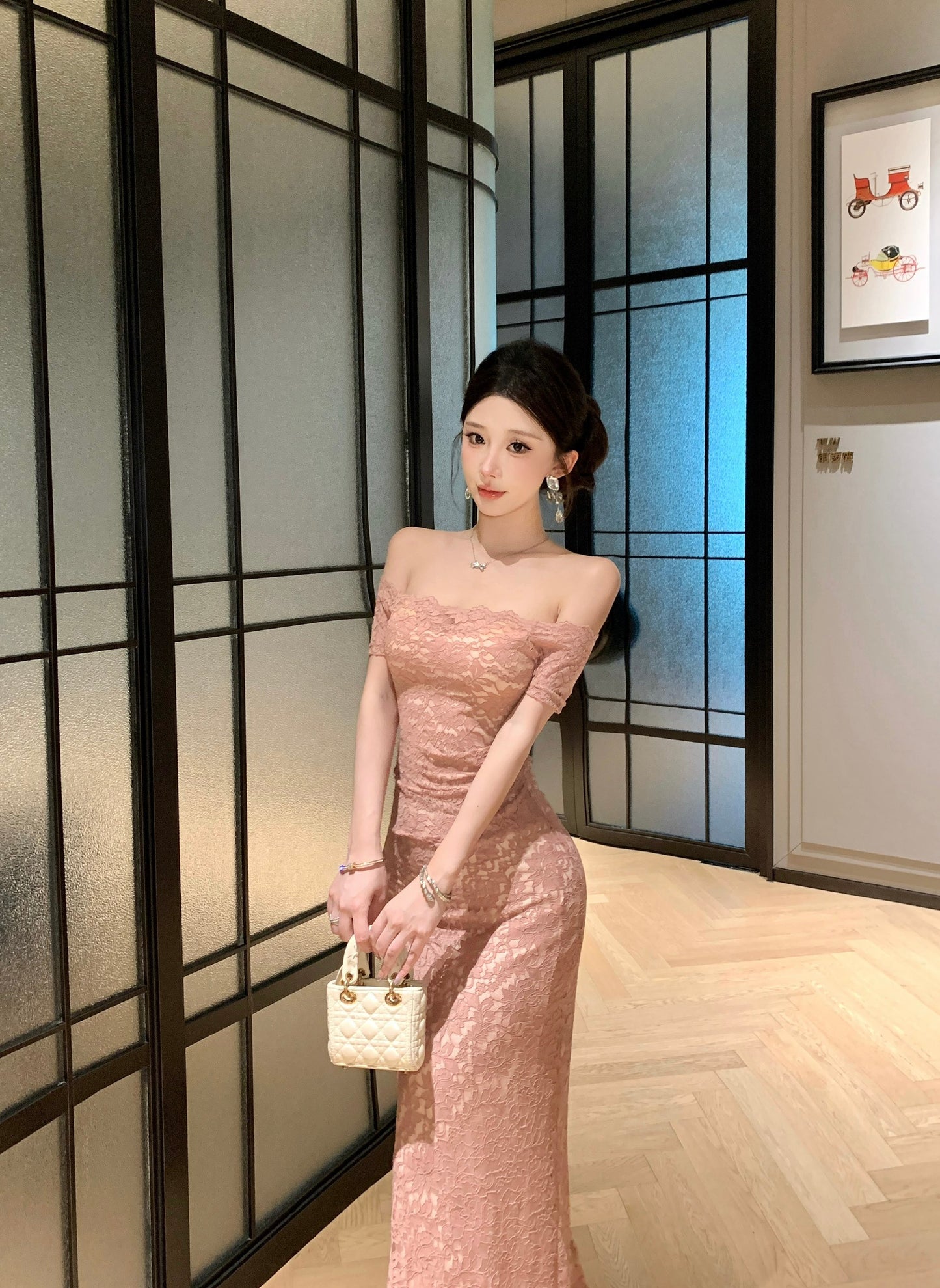 Dusty Pink Off-The-Shoulder Short-Sleeve Fitted Floral Lace Maxi Dress