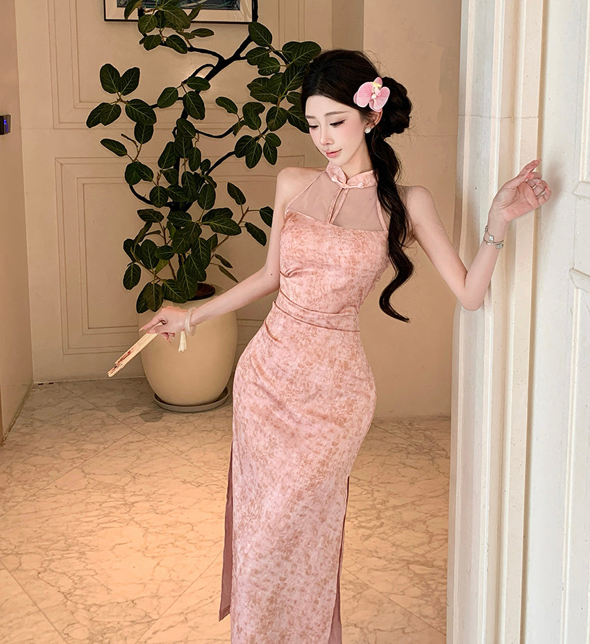 Dusty Pink Velvet Sheer Halter Qipao Dress