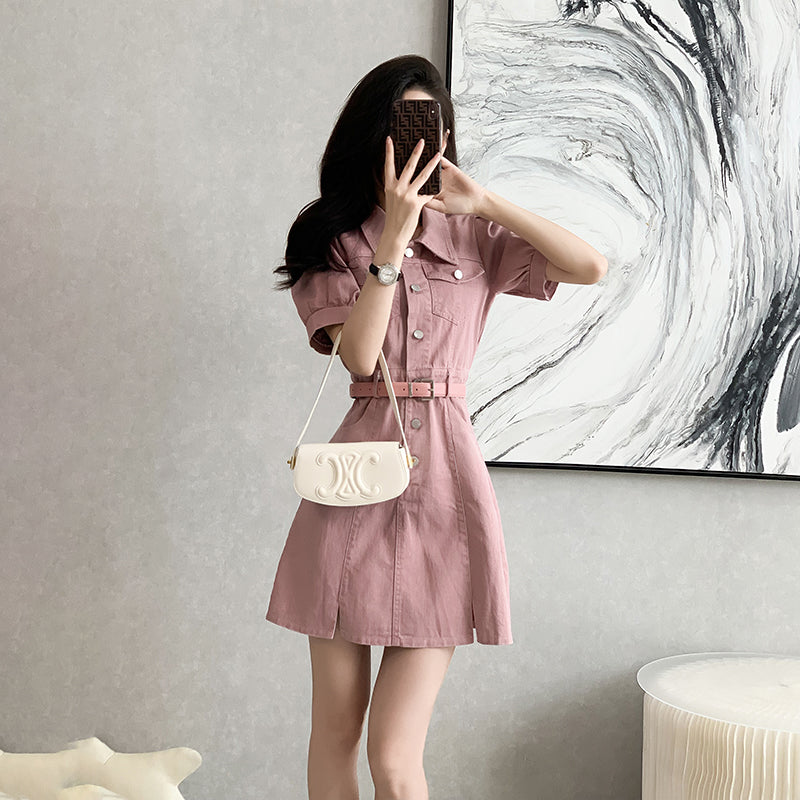 Dusty Rose Denim Collared Belted Shirt Dress