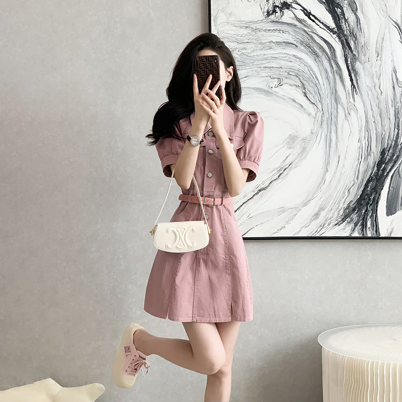 Dusty Rose Denim Collared Belted Shirt Dress
