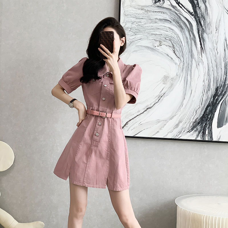 Dusty Rose Denim Collared Belted Shirt Dress