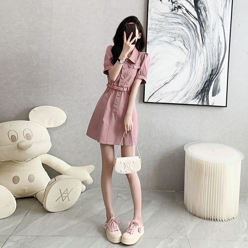 Dusty Rose Denim Collared Belted Shirt Dress