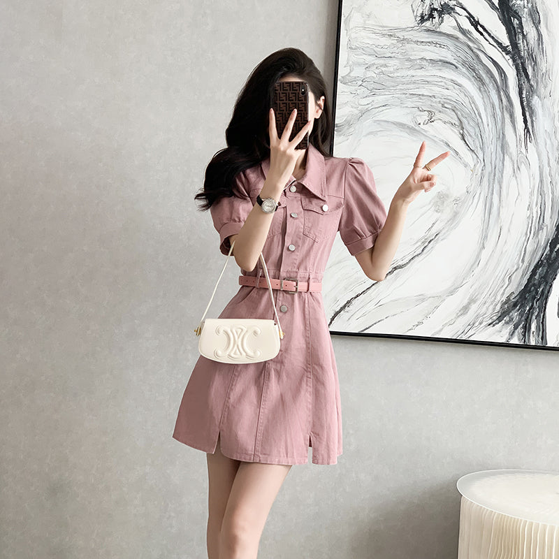 Dusty Rose Denim Collared Belted Shirt Dress