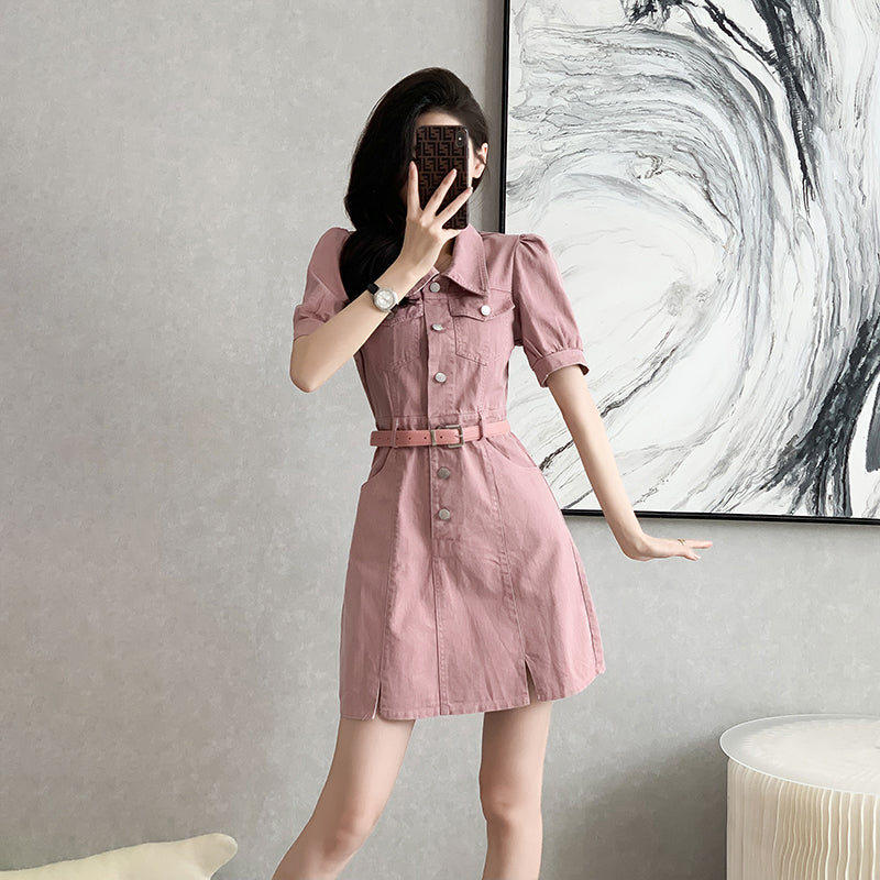 Dusty Rose Denim Collared Belted Shirt Dress