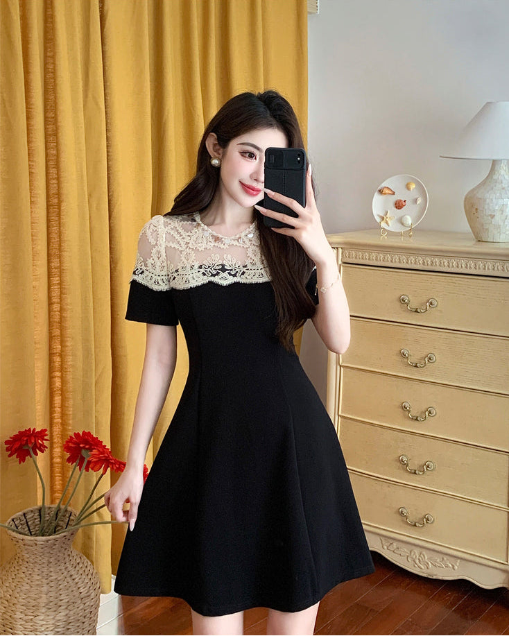 Elegant Black A-Line Cocktail Dress With Cream Crochet Lace Yoke