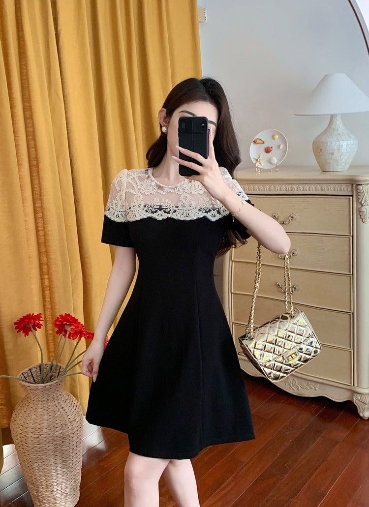 Elegant Black A-Line Cocktail Dress With Cream Crochet Lace Yoke