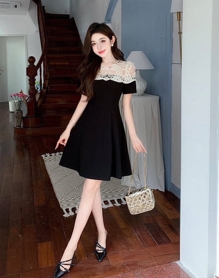 Elegant Black A-Line Cocktail Dress With Cream Crochet Lace Yoke