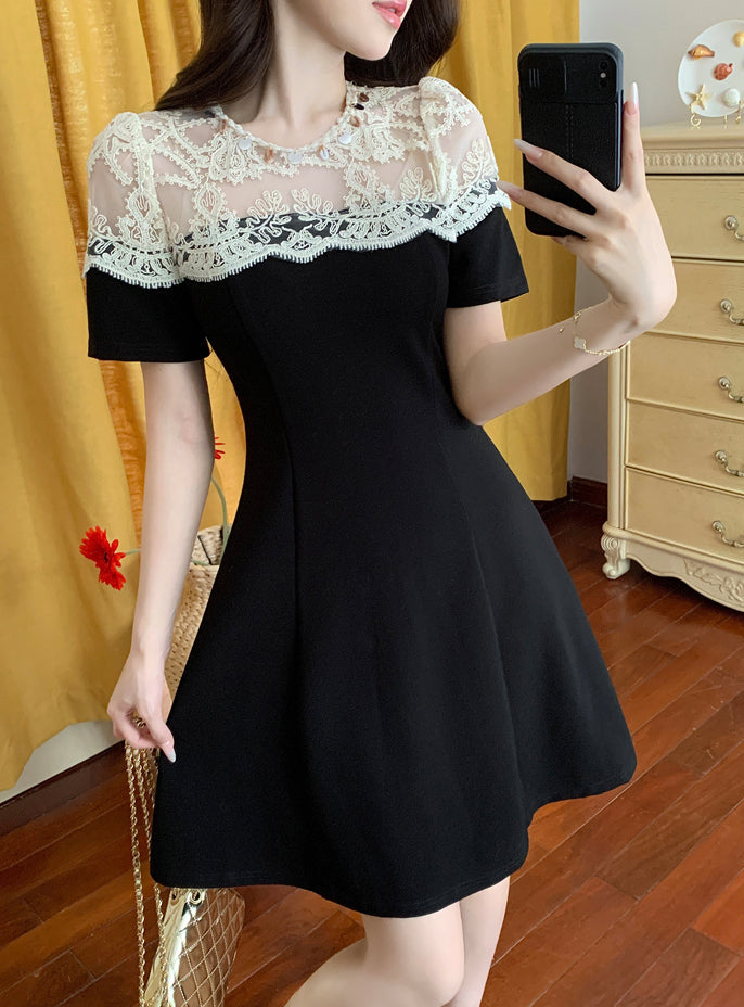 Elegant Black A-Line Cocktail Dress With Cream Crochet Lace Yoke
