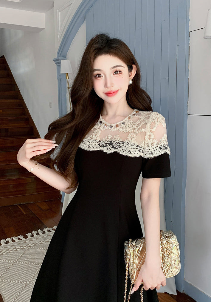 Elegant Black A-Line Cocktail Dress With Cream Crochet Lace Yoke