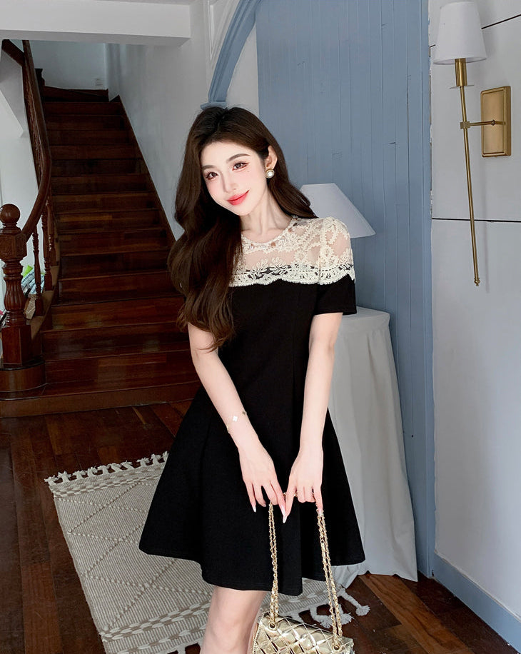 Elegant Black A-Line Cocktail Dress With Cream Crochet Lace Yoke