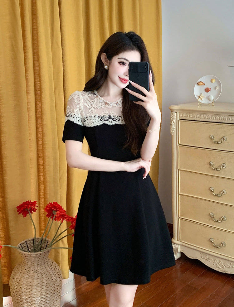 Elegant Black A-Line Cocktail Dress With Cream Crochet Lace Yoke