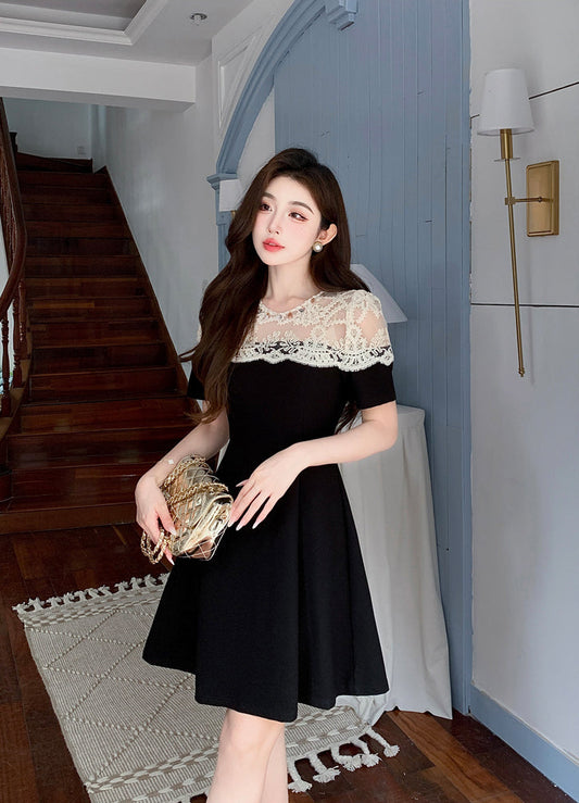 Elegant Black A-Line Cocktail Dress With Cream Crochet Lace Yoke