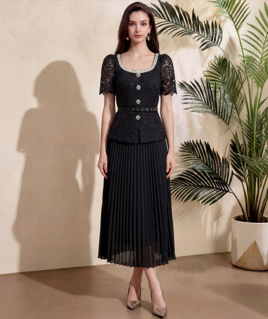 Elegant Black Lace Pleated Midi Dress with Belt