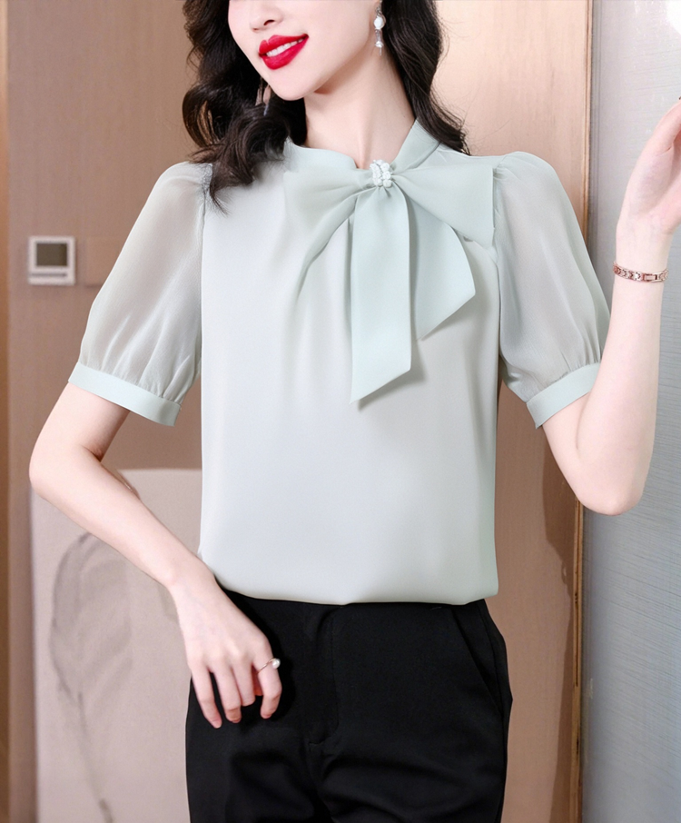 Elegant Bow-Tie Mock Neck Chiffon Blouse With Puff Sleeves