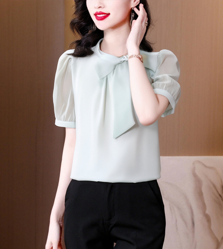 Elegant Bow-Tie Mock Neck Chiffon Blouse With Puff Sleeves